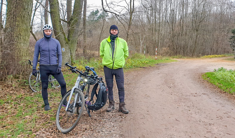 On a pre-Winter ride. The winter helmet hanging from the bars.