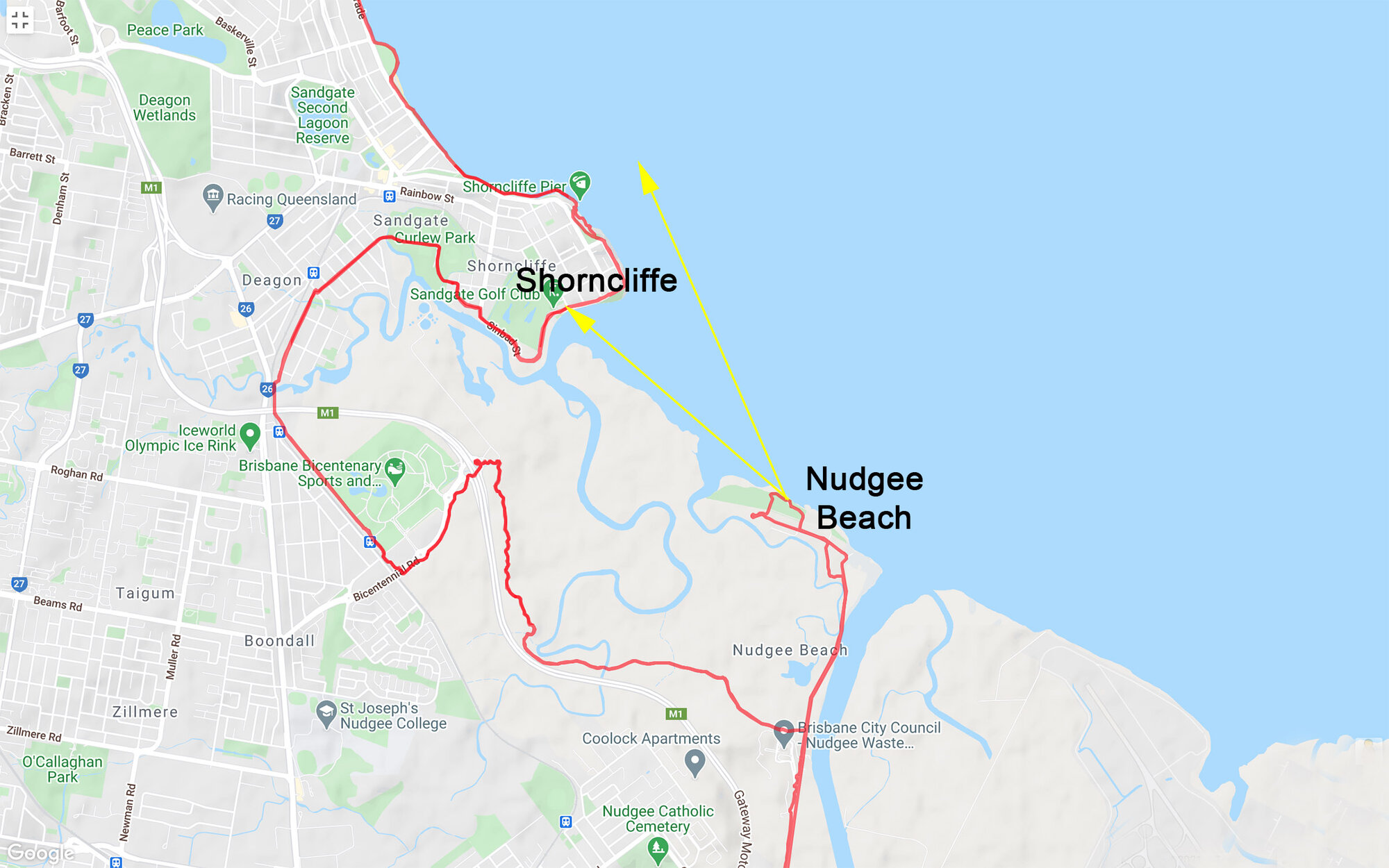 Map : Nudgee Beach to Shorncliffe via Boondall Wetlands