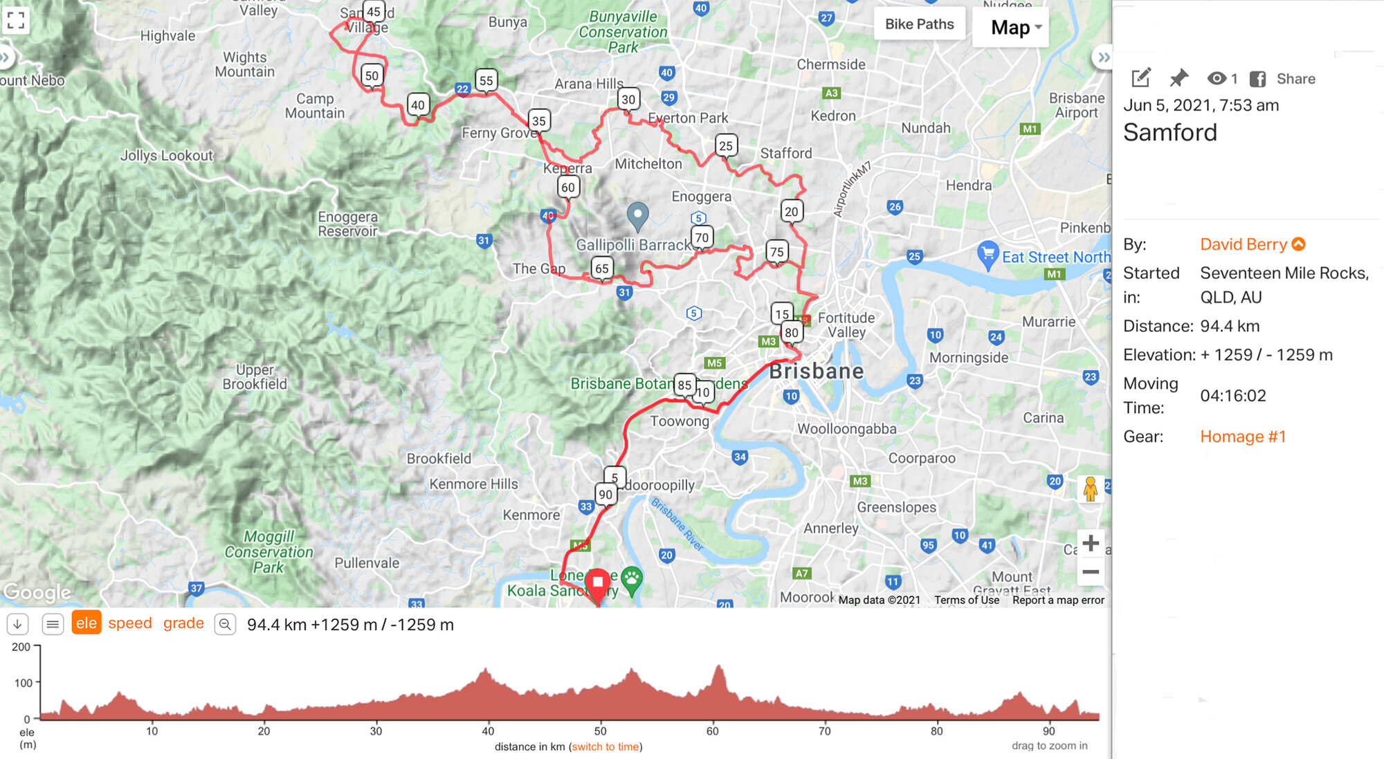 Ride with GPS map : Samford : 2021-06-05