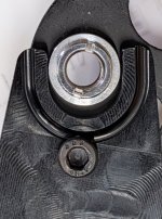 At some point I decided I needed to flip the torque arm. Notice in other photos the torque arm is not symmetrical.This change messed up the alignment of my holes. Above the gap in the 'U', the spacer is no longer nested in the saddle. Needed to redrill the 6mm hole in a new axle plate to correct this.